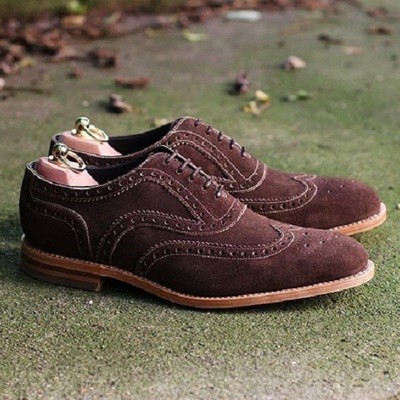 Men's handmade dark brown suede lace up shoes,wing tip brogue dress formal shoes