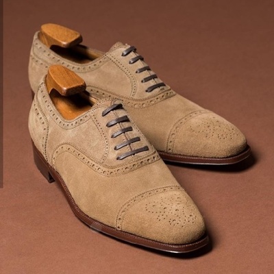 Men's handmade beige suede lace up shoes, cap toe brogue dress formal shoes