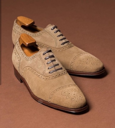 Men's Handmade Beige Suede Lace Up Shoes, Cap Toe Brogue Dress Formal Shoes