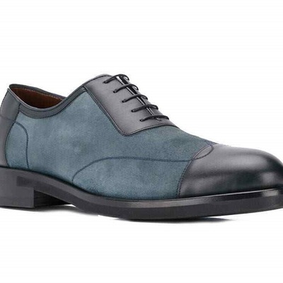 Men's handmade two tone blue & black leather oxford plain cap toe stylish shoes