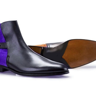 Men's handmade leather & suede black & blue buckle boots, men party wear boots - Thumbnail 1