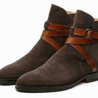 Men's Handmade Suede & Leather Brown Color Rounded Toe Ankle High Jodhpur Boots - Thumbnail 4