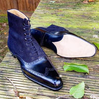 Elegant Royal Blue Leather Ankle High Lace Up Wing Tip Oxford Boots For Men - Thumbnail 1