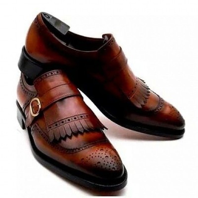 New men's monk strap fringe brogue formal shoes,men handmade brown leather shoes