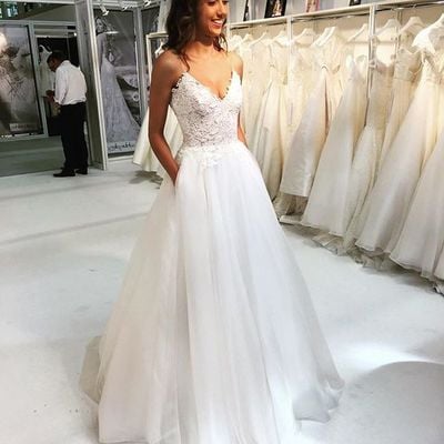 Fairy ball gown v neck lace white wedding dresses with pockets, bride dresses