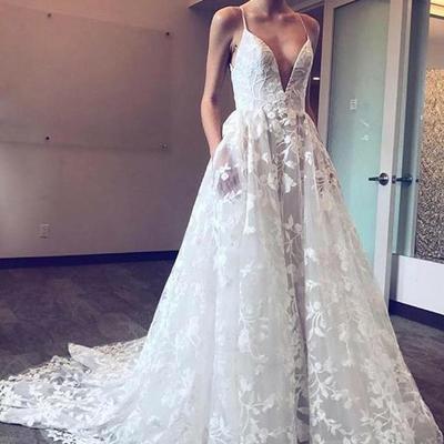 Modern a-line spaghetti straps plunge neckline lace applique wedding dress - Thumbnail 4