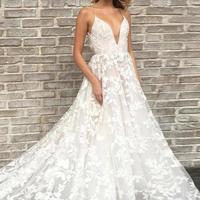 Modern A-Line Spaghetti Straps Plunge Neckline Lace Applique Wedding Dress - Thumbnail 1