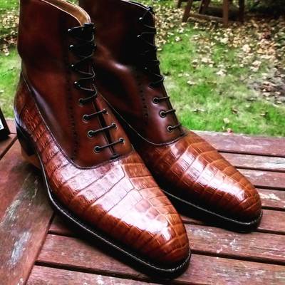 Stylish men's ankle high lace up boots,men brown alligator leather fashion boots - Thumbnail 2