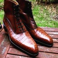 Stylish Men's Ankle High Lace Up Boots,Men Brown Alligator Leather Fashion Boots - Thumbnail 4