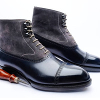 Men's Blue & Gray leather & Suede Handmade Boots, Lace up Cap Toe Boots For Men - Thumbnail 4