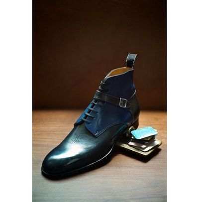 Stylish Handmade Buckle Ankle Boot, Men's Blue Black Leather Lace Up Boots
