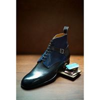 Stylish Handmade Buckle Ankle Boot, Men's Blue Black Leather Lace Up Boots - Thumbnail 4