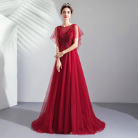 Burgundy tulle lace long prom dress evening dress - Thumbnail 2