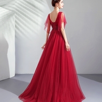 Burgundy tulle lace long prom dress evening dress - Thumbnail 3