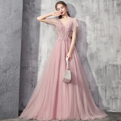 Pink v neck tulle long prom dress party dress
