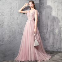 Pink v neck tulle long prom dress party dress - Thumbnail 1