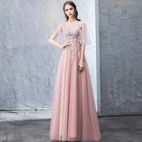 Pink tulle lace long prom dress evening dress - Thumbnail 1