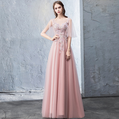 Pink tulle lace long prom dress evening dress