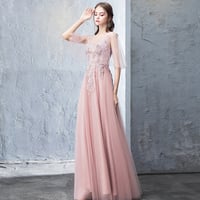 Pink tulle lace long prom dress evening dress - Thumbnail 2