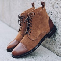 Men's Ankle Brown Cap Toe Leather Suede Boot - Thumbnail 1