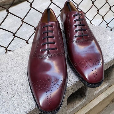 Handmade men high personality burgundy oxford brogue lace up formal shoes for men in genuine leather - Thumbnail 5