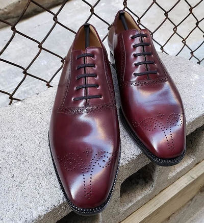 Handmade Men High Personality Burgundy Oxford Brogue Lace Up Formal Shoes For Men In Genuine Leather