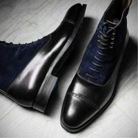 New Handmade Navy Black Cap Toe Leather Suede Boot For Adults  - Thumbnail 1