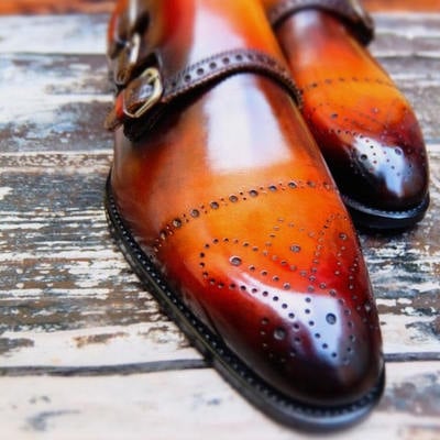 Latest stylish handmade tan brown customize oxford triple monk strap anniversary shoes in genuine leather 