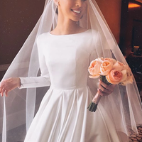 Retro Satin Long Sleeves Wedding Gowns, Church Ball Gown White Satin Wedding Dresses - Thumbnail 1