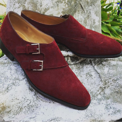 Unique trendy handmade red double monk party wear formal shoes in genuine suede