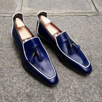 Awesome Stylish Handmade Navy Blue Beautiful Narrow Toe Tassels Moccasin formal Shoes In Genuine Leather - Thumbnail 1