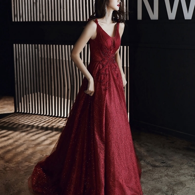 Burgundy tulle long prom dress party dress