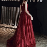 Burgundy tulle long prom dress party dress - Thumbnail 2