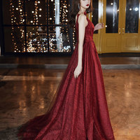 Burgundy tulle long prom dress party dress - Thumbnail 3