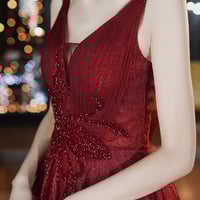 Burgundy tulle long prom dress party dress - Thumbnail 1