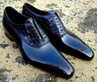 Handmade Men Formal Alligator Skin With Black Leather Brogue Beauty Lace Up Shoes