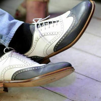 New Decent Customize White Grey Handmade Wing Tip Lace Up Gift Shoes In Genuine Leather For Men - Thumbnail 1