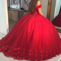 Off the Shoulder Ball Gown Prom Dresses Birthday Gown with HandmadeFlowers - Thumbnail 1