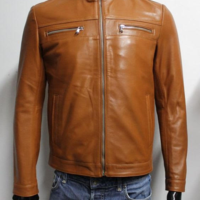 Men Brown Leather Decent Wear Handmade Center Zipper Jacket - Thumbnail 4