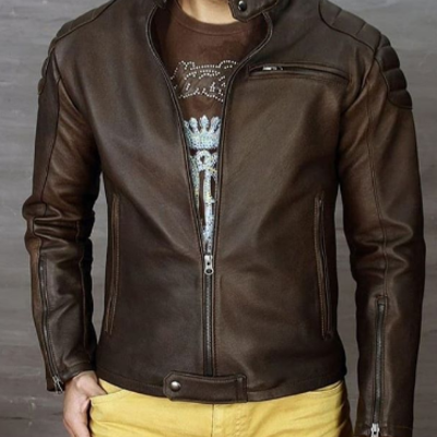 Men handmade chocolaty leather formal casual wear jacket