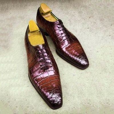 Handmade Men's Maroon Lace up Crocodile Texture Leather Round Toe Dress Shoes