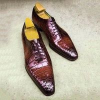 Handmade Men's Maroon Lace up Crocodile Texture Leather Round Toe Dress Shoes - Thumbnail 1
