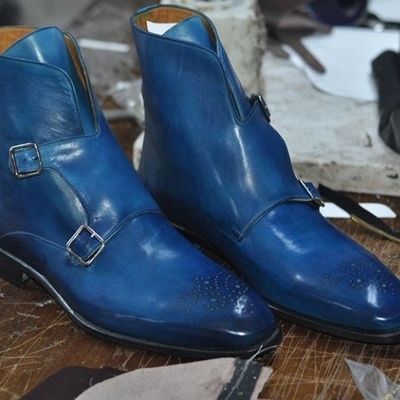 New handmade blue leather ankle high boots, men's stylish double monk strap brog - Thumbnail 4