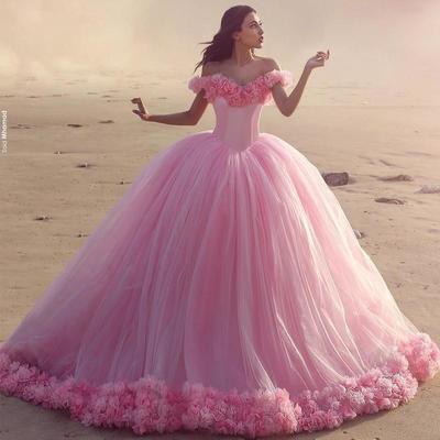 Off the shoulder pink handmade flower tulle quinceanera dresses, birthday dresses, sweet 16 dresses, prom gowns
