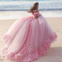 Off the Shoulder Pink Handmade Flower Tulle Quinceanera Dresses, Birthday Dresses, Sweet 16 Dresses, Prom Gowns - Thumbnail 1