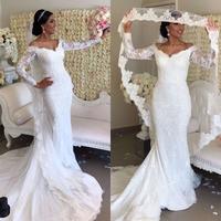 Off Shoulder Mermaid Lace Wedding Dress With Long Sleeves - Thumbnail 1