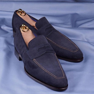 Men's blue penny loafers suede formal shoes - Thumbnail 3