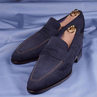Men's Blue Penny Loafers Suede Formal Shoes - Thumbnail 1