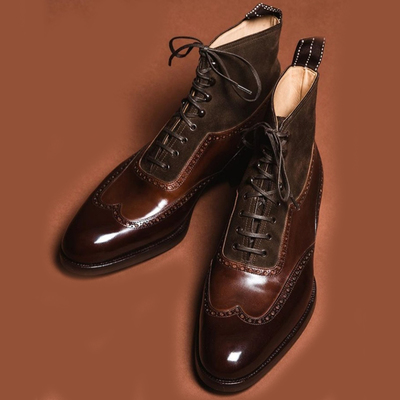 Handmade men's brown wing tip ankle boots, men leather suede designer boots - Thumbnail 4