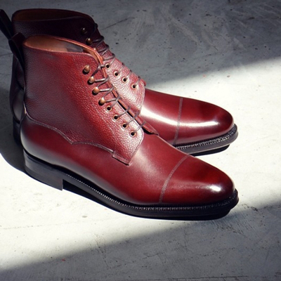Handmade men's burgundy cap toe leather ankle boots, men fashion designer boots - Thumbnail 3